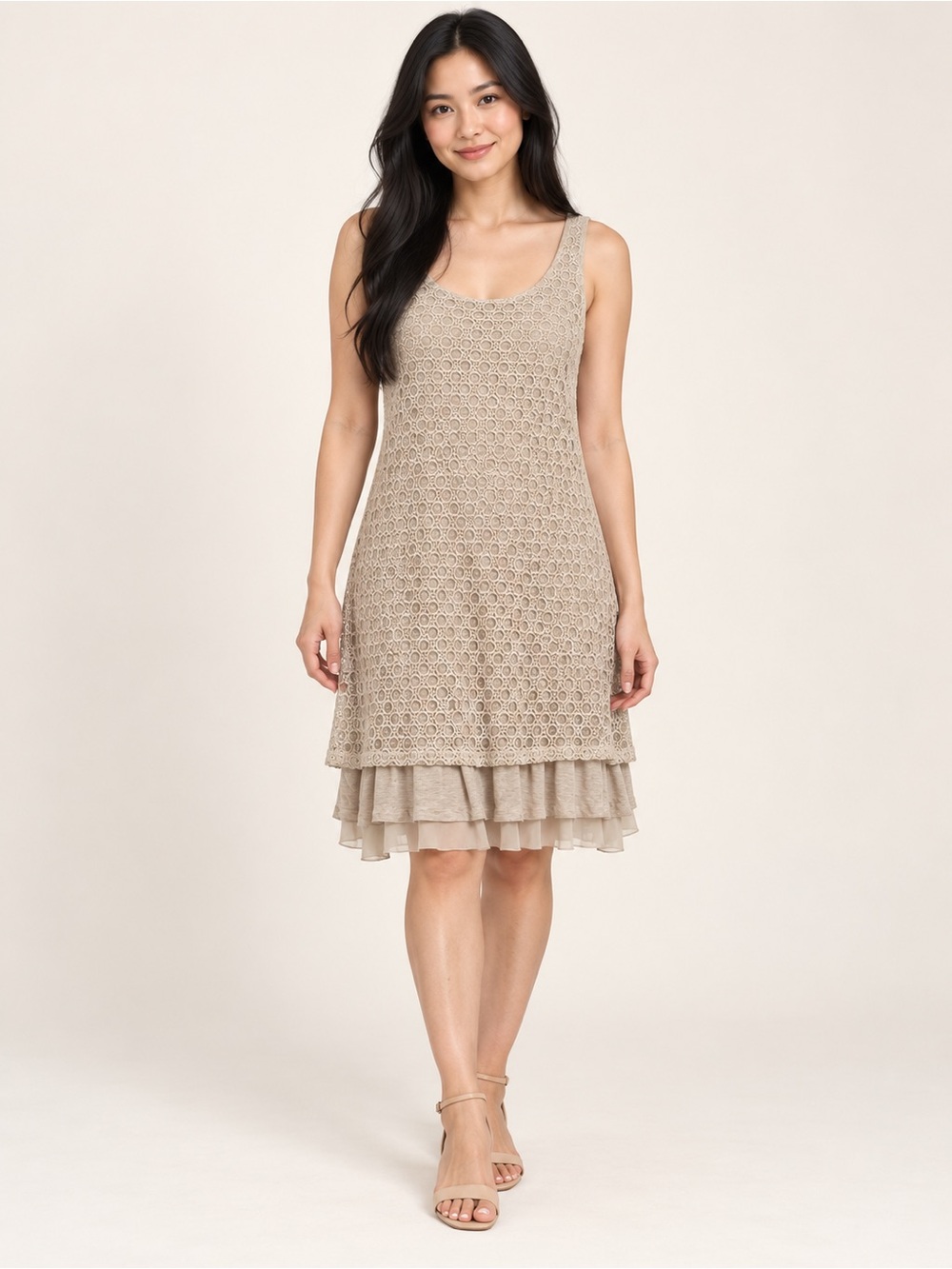 Kensie Women’s Medium Beige Lace Overlay Sleeveless A-Line Dress Ruffle Hem